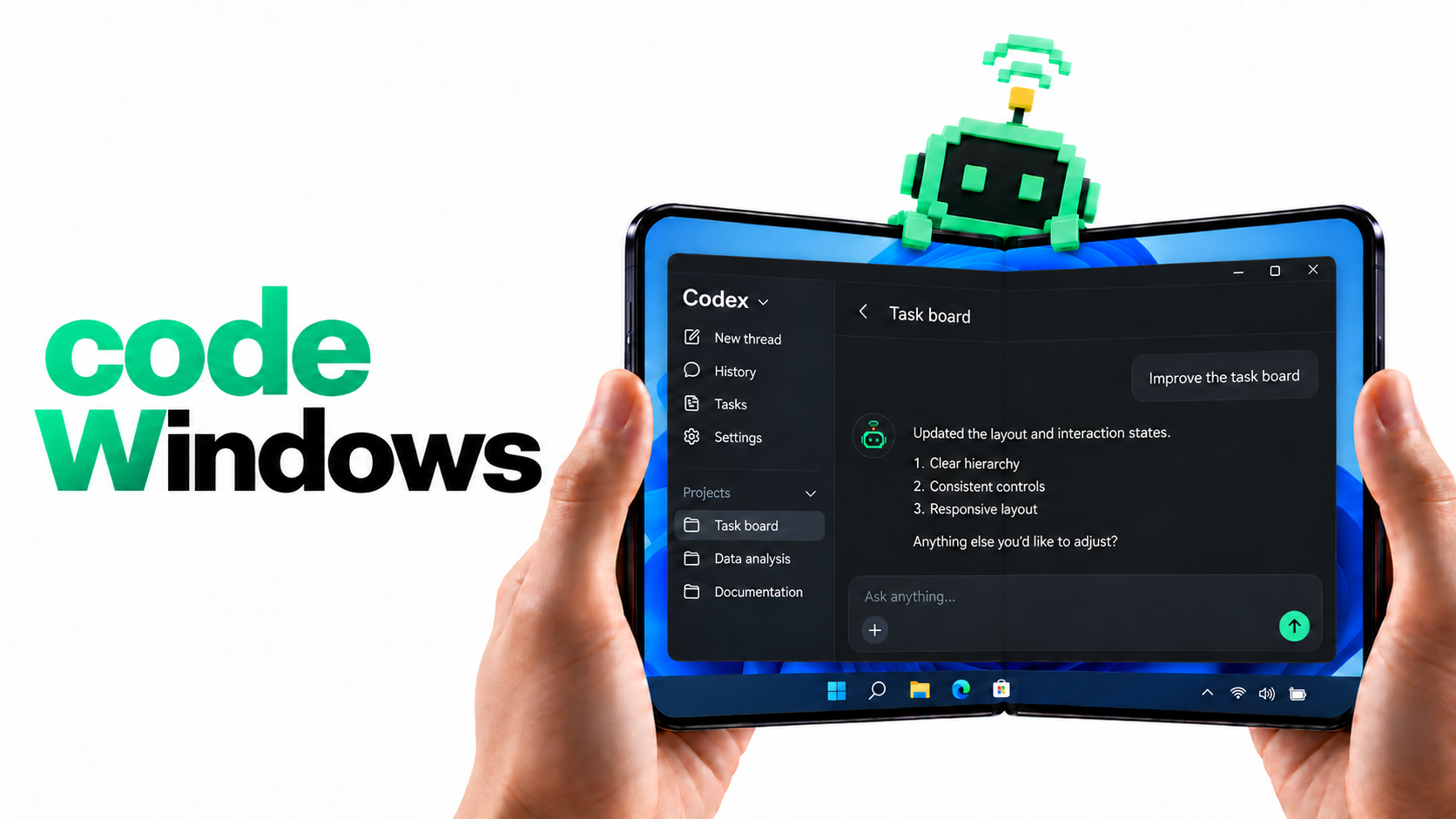 code Windows：折叠屏手机远控 Windows 上的 Codex，场景示意