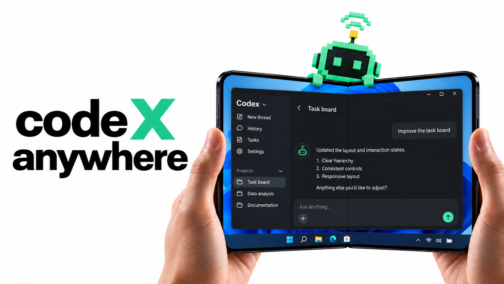 code X anywhere：折叠屏手机远控 Windows 上的 Codex，场景示意